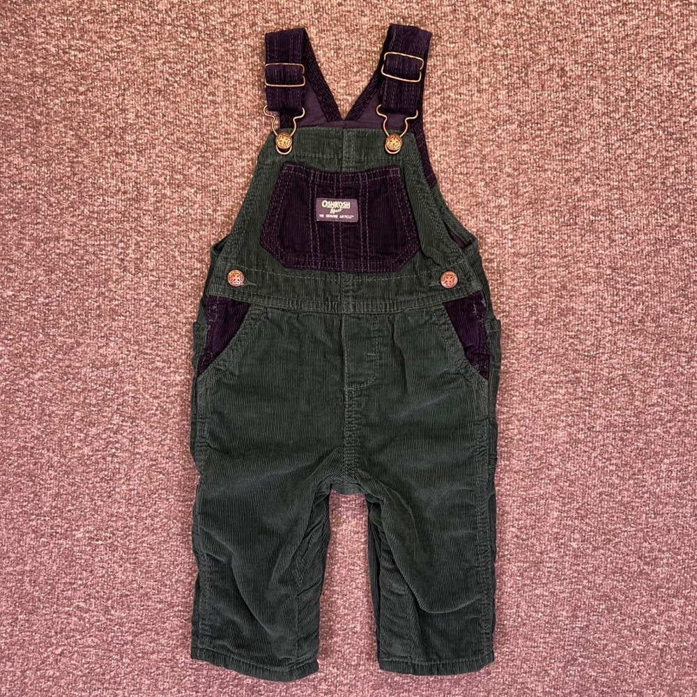 OshKosh Corduroy Overalls Baby 9M Green Purple Classic Casual Vestbak Retro Fall